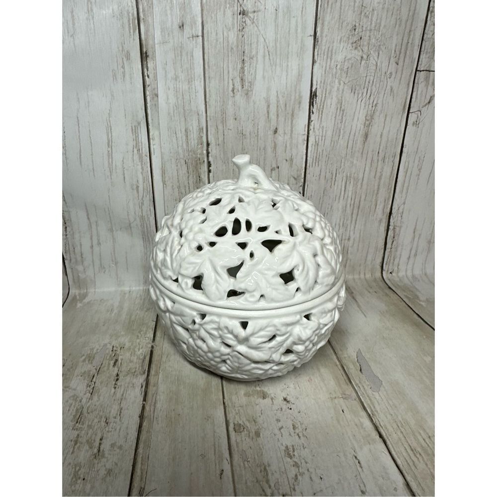 Glazed Bisque Porcelain open Lace Candle Luminary Candy Dish Trinket Box‎